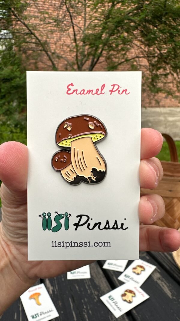 Porcini enamel pin with custom backing card – Finnish forest mushroom design