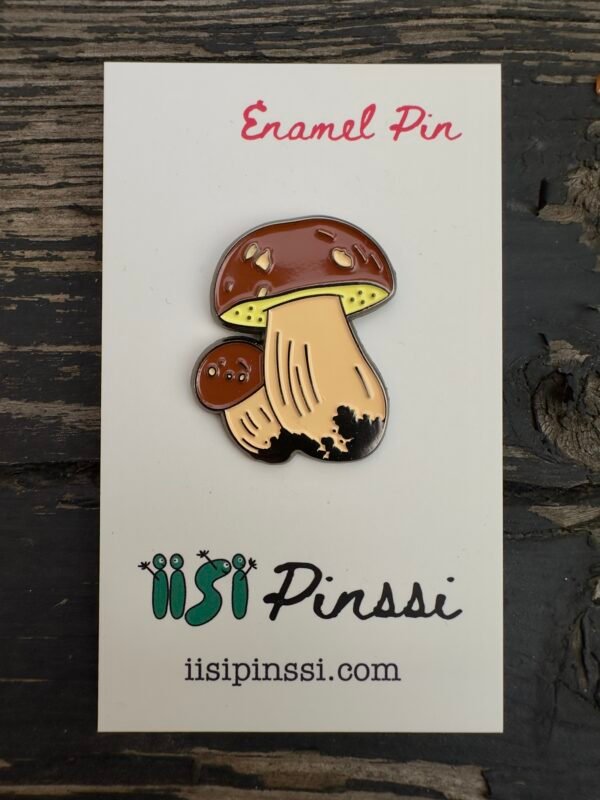 Porcini enamel pin with custom backing card – Finnish forest mushroom design